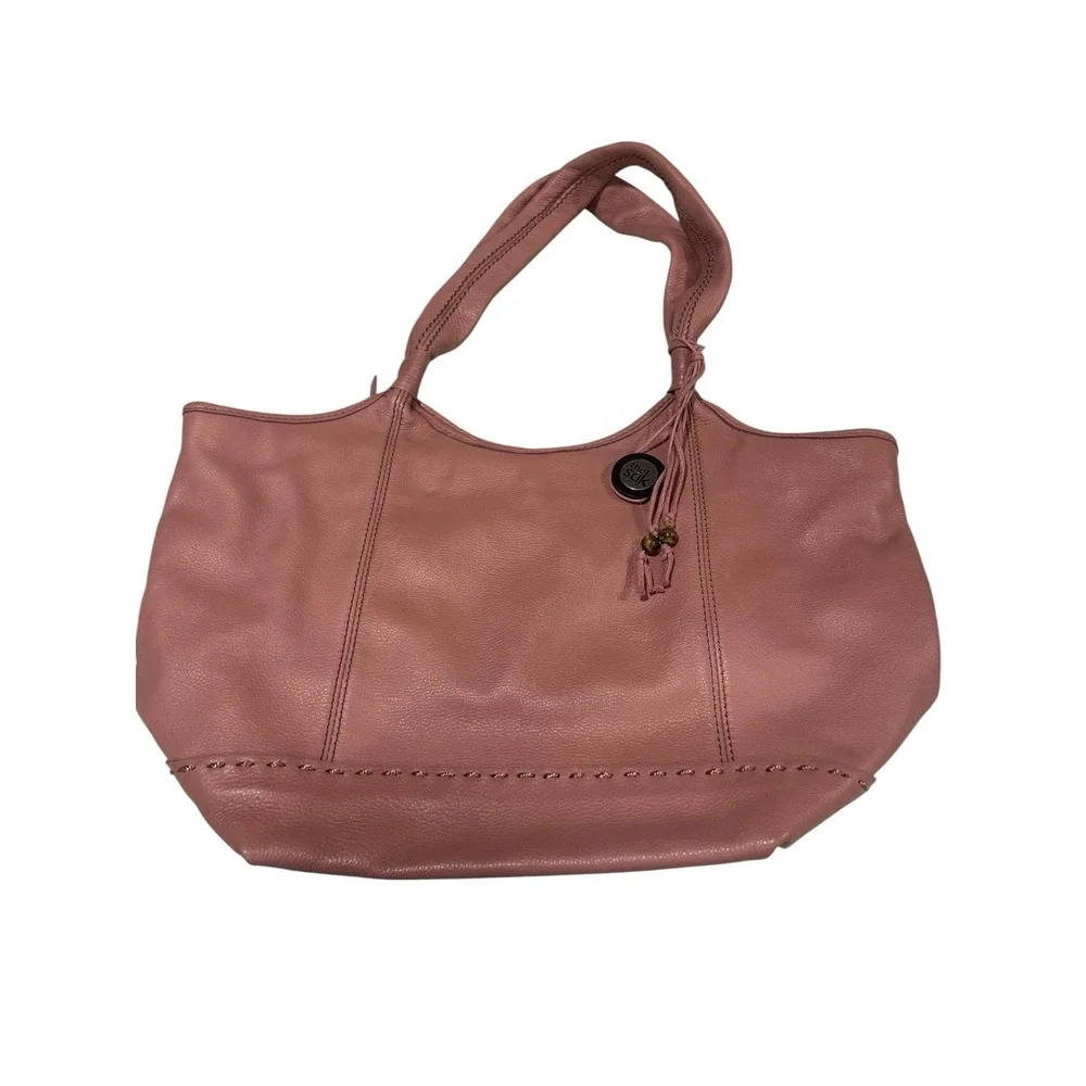 The Sak Leather Shoulder Bag Pink Tassels‎ Stitch Fun Lining Hobo EUC Boho